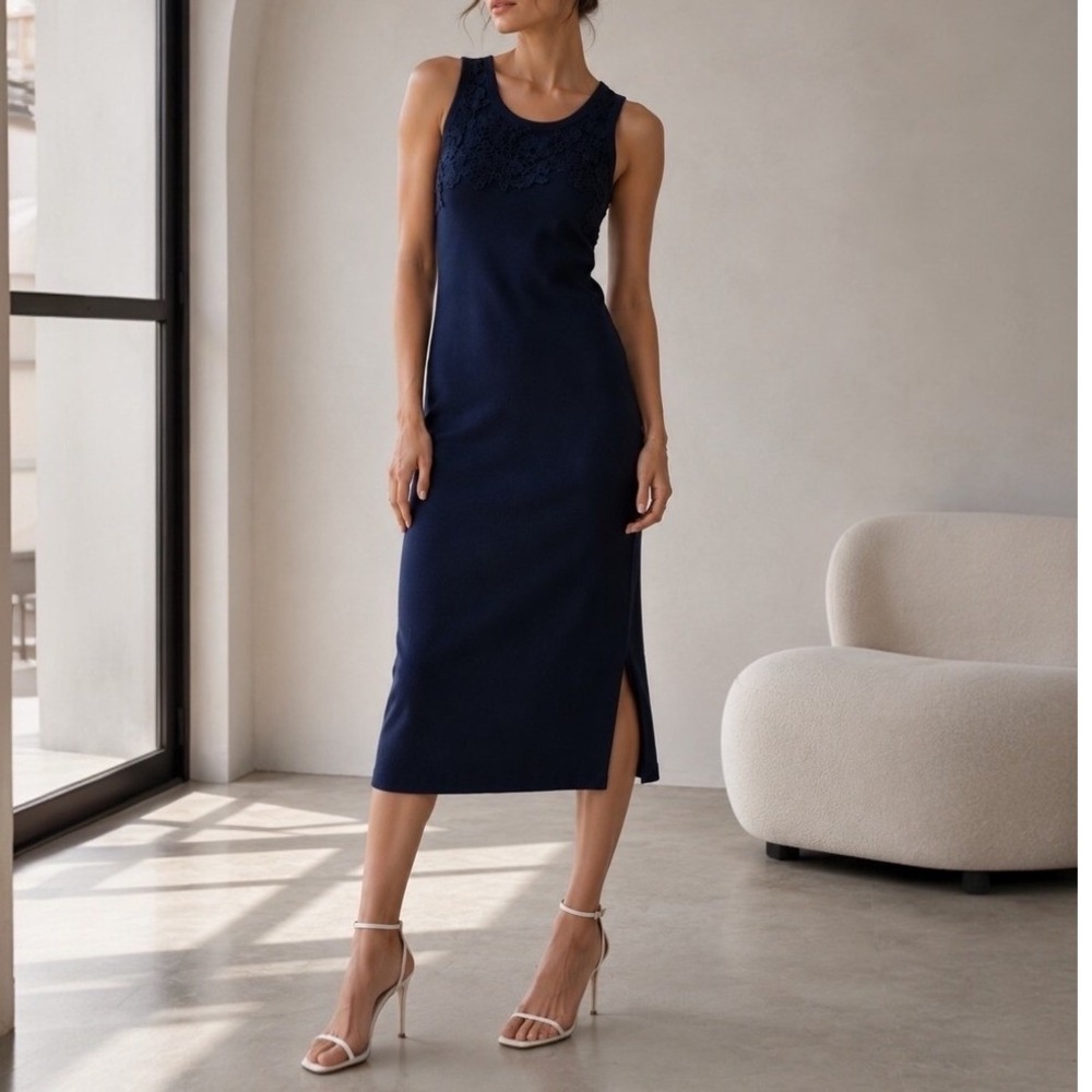 Caroline Constas Fitted Midi Dress Navy Ribbed Knit Lace Side Slit Small